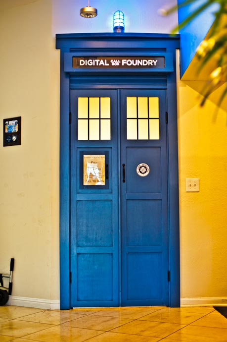 Miniature meeting room at Digital Foundry’s office decorated as Dr. Who’s Tardis phone booth.
