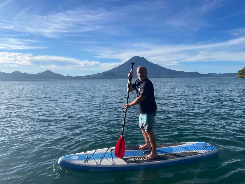 Paddle-boarding on Lake Atitlan in Guatemala.