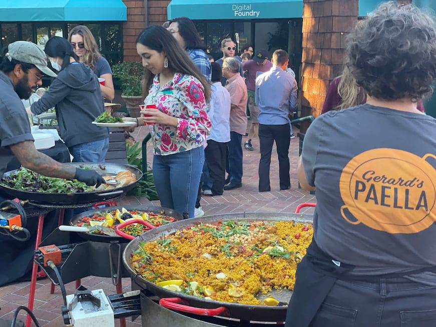 Very large paella pan at a Digital Foundry outdoor party at Tiburon Plaza.