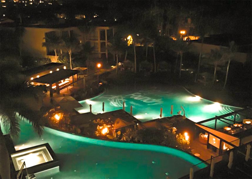 Digital Foundry name projected on the bottom of a Hawaiian swimming pool.