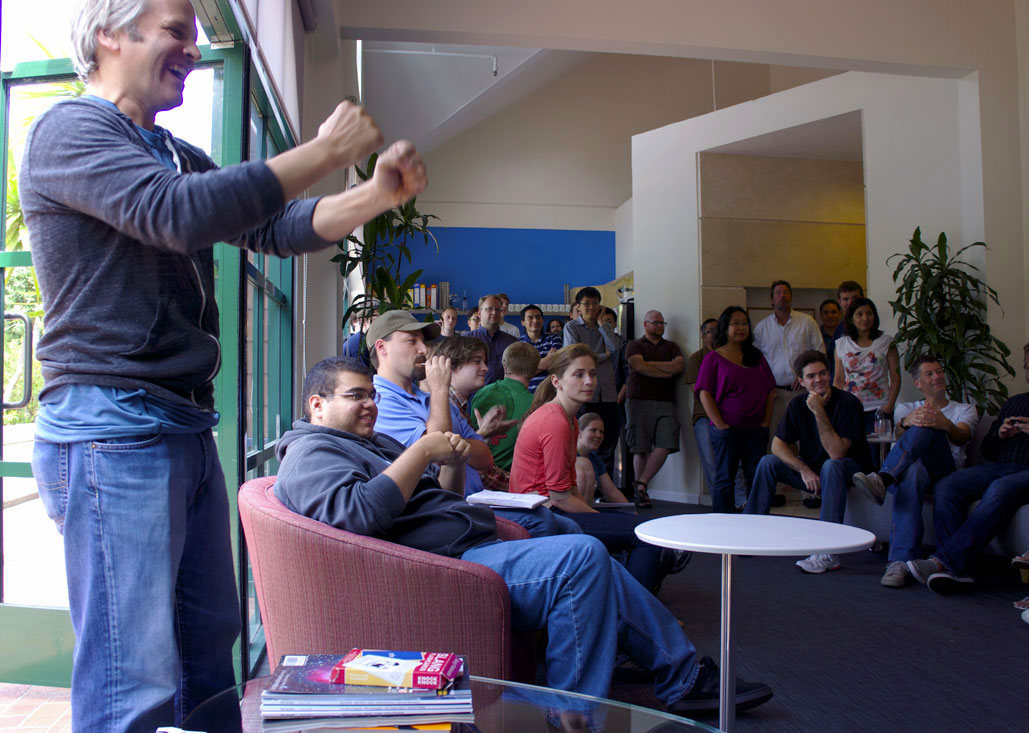Team meeting in a comfortable break room.