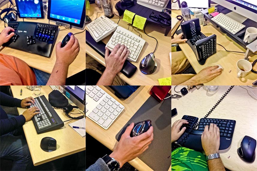 Montage of wide variety of personal keyboards at work.