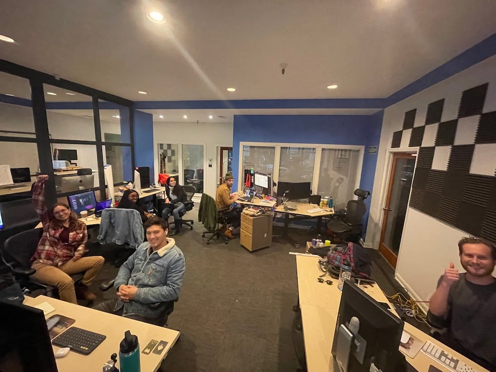 Collaborative VBL team work bay at the Digital Foundry office.