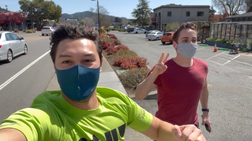 Digital Foundry team members wearing masks while running at lunch near the office in Tiburon.